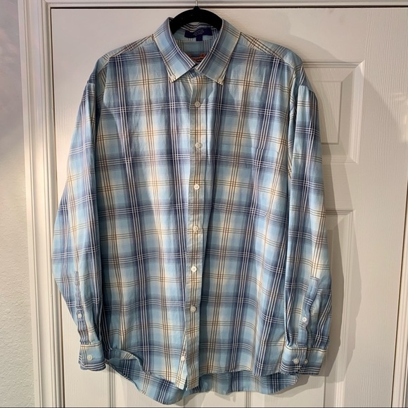 Alan Flusser Shirt Size Large Blue Brown Plaid Button Down Long Sleeve Men - Picture 1 of 6